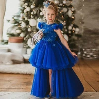 long flower girls dress royal blue tiered tulle beaded formal kids birthday party wear floor length pageant vestidos