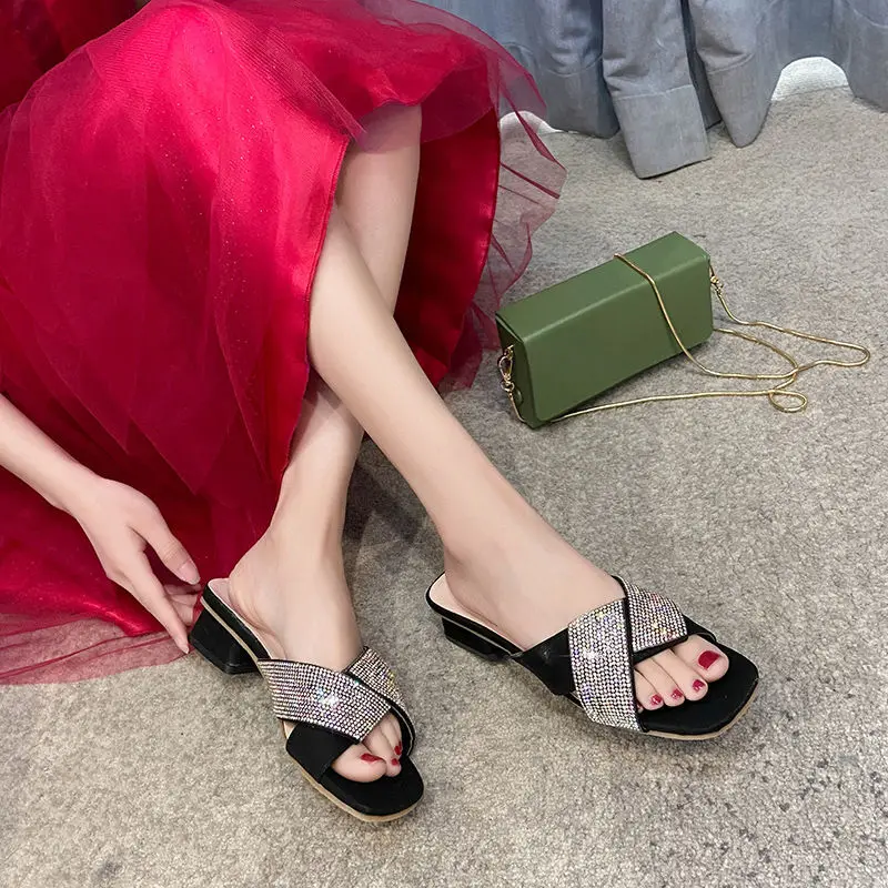 

Women Sandals 2021 Summer Casual Elegant Peep Toe Sandals Slipper Ladies Mules Shoes Slippers Low Heel Square Heel Sandals