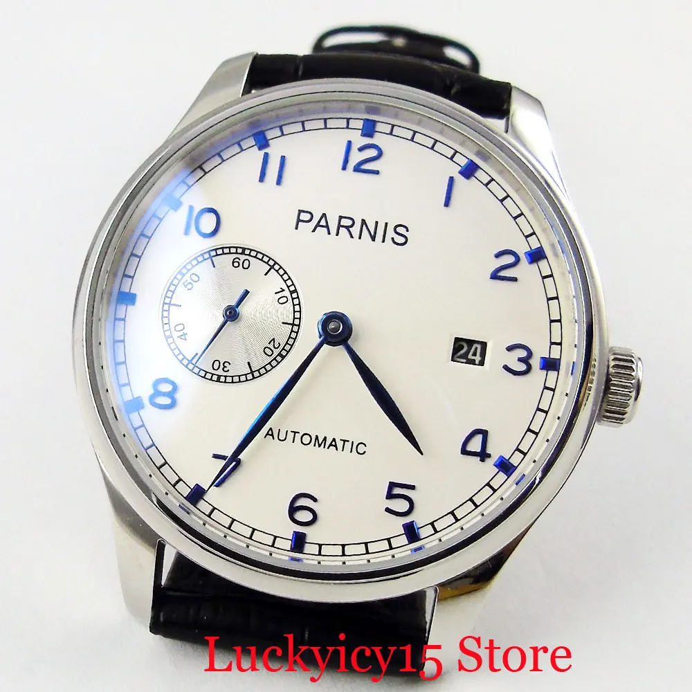PARNIS Автоматические наручные часы мужские белый циферблат индикатор Даты синие