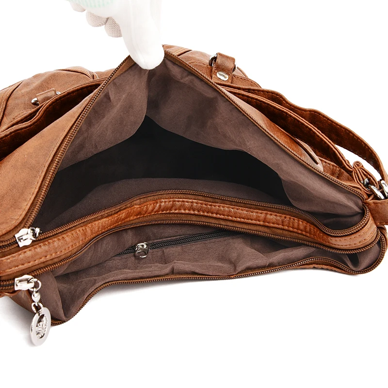 

New Casual Multi-pocket Washed leather Female Handbag Large Big Shoulder Bag for Women Tote Ladies Vintage Leather Crossbody Bag