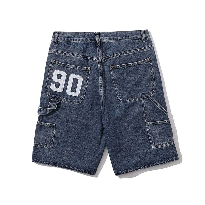 

KIOVNO Men Letter Embroidery Denim Shorts Multi Pockets Streetwear Washed Jeans Shorts For Male Blue