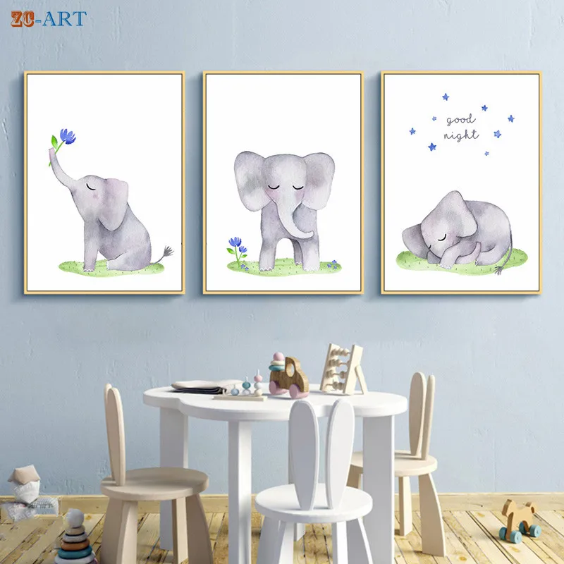 Синий серый плакаты слона Симпатичные акварель настенные картины арт Пол