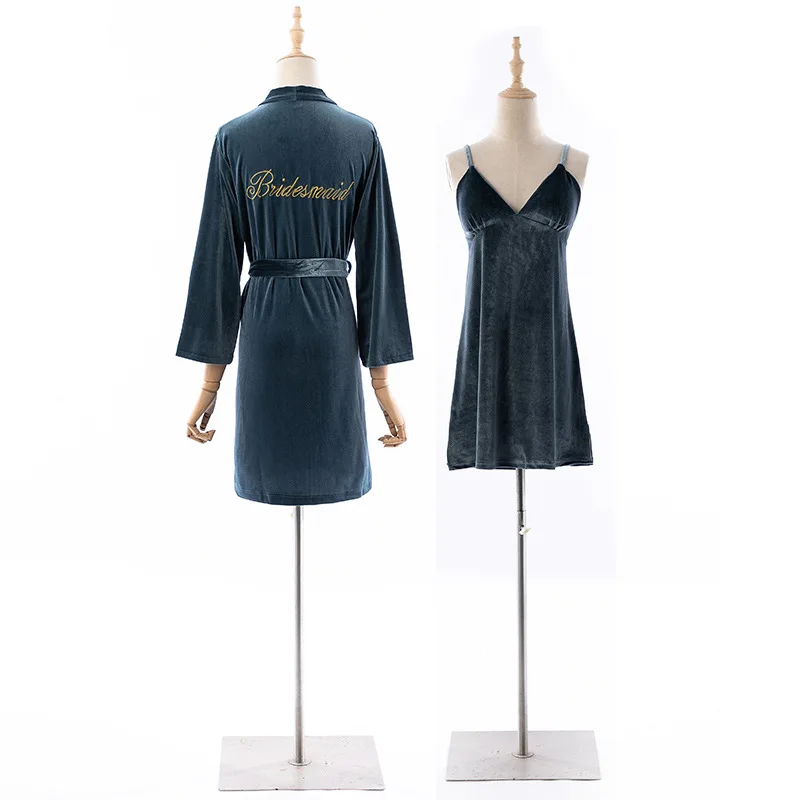Women Embroidery Kimono Gown Nightwear Velvet Bride Bridemaid Wedding Robe 2021 New Nighty&Robe Set Sexy Home Clothes