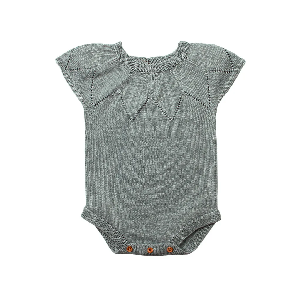 Детский однотонный вязаный шерстяной комбинезон с короткими рукавами и круглым