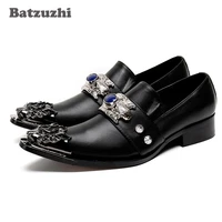 batzuzhi designers men shoes sliver metal tip pointed toe dress shoes men black leather business evening party wedding shoes