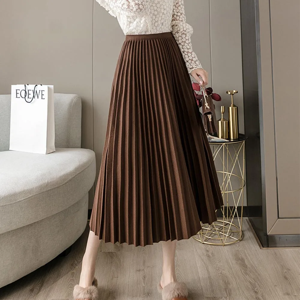 

Шерстяные плиссированные юбки, модная женская юбка с высокой талией, черного и серого цвета, свободная плотная теплая длинная юбка на осень ...