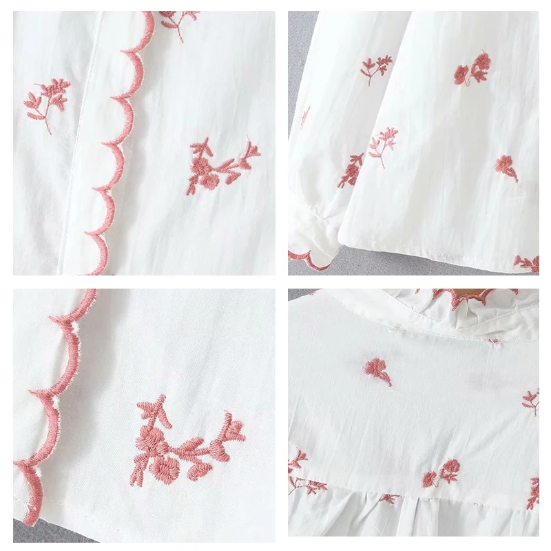 ROHOPO Overlocked Round Collar &amp Cuff Elbroidery Floral White Blouse Long Sleeve Ladies Retro Top Shirt #1331 |