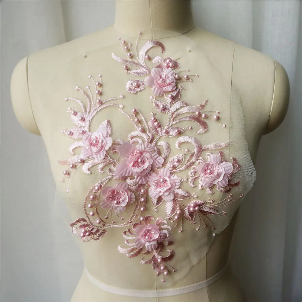 Розовые синие Бусины 3D Цветочная кружевная ткань вышитое платье Аппликации