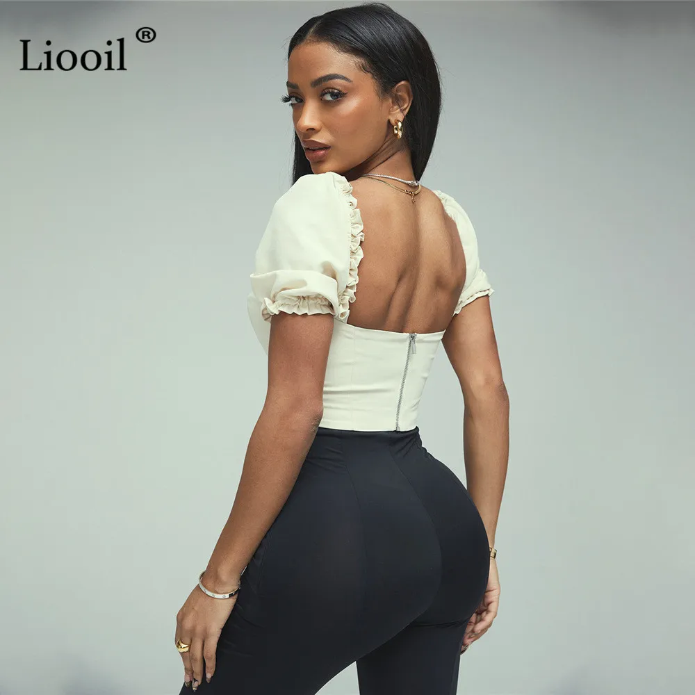 

Liooil Bodycon Bandage Backless Tops For Women Puff Sleeve Square Collar Lace-up T Shirt Sexy Crop Top Streetwear Summer 2021