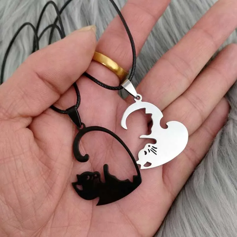 

Heart Necklace Cute Cartoon Cat Choker Simple Personality Color Black Animal Jewelry Stainless Steel Pendant Necklace