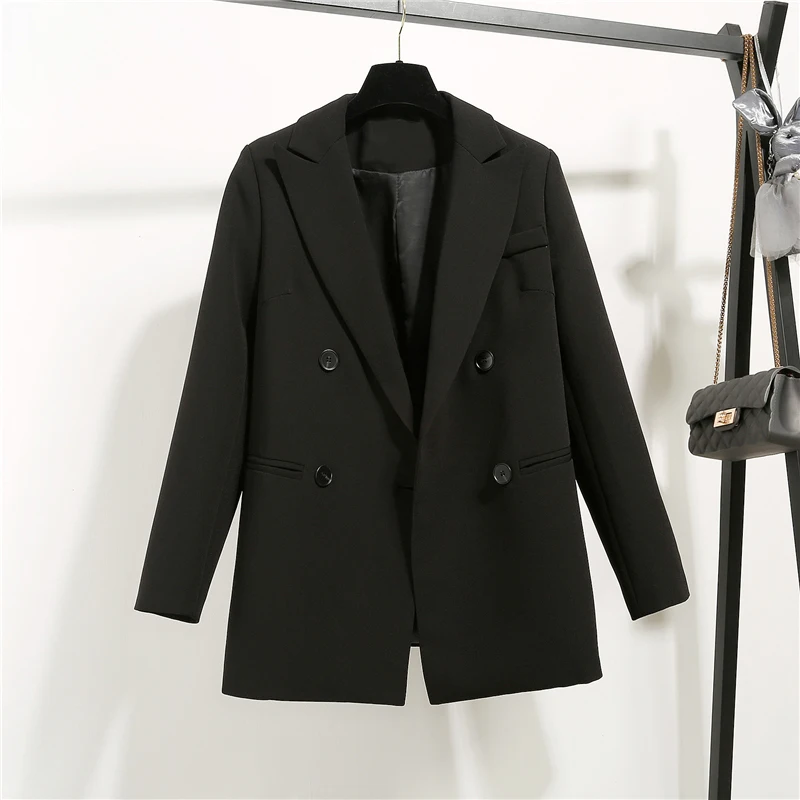 

High Quality Fashion Autumn Winter Notched Double Breasted Jacket Korean Loose Casual Black Women Blazers Jackets Work Wear Coat