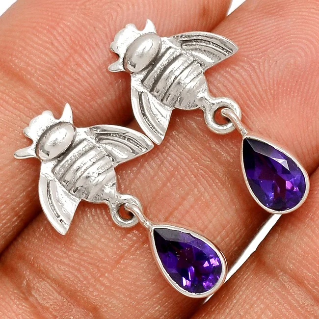 

Fashion Cute Bee Earrings 925 Silver Needle Purple Amethyst Honeybee Animal Hook Drop Earring New Trendy Jewelry