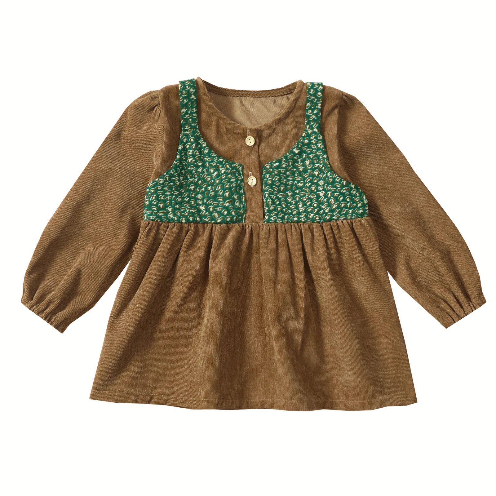 

Little Girl\u2019s Casual Long Sleeve Dress Fashion Print Stitching Corduroy Round neck A-line Dress For Toddler Newborn Babies