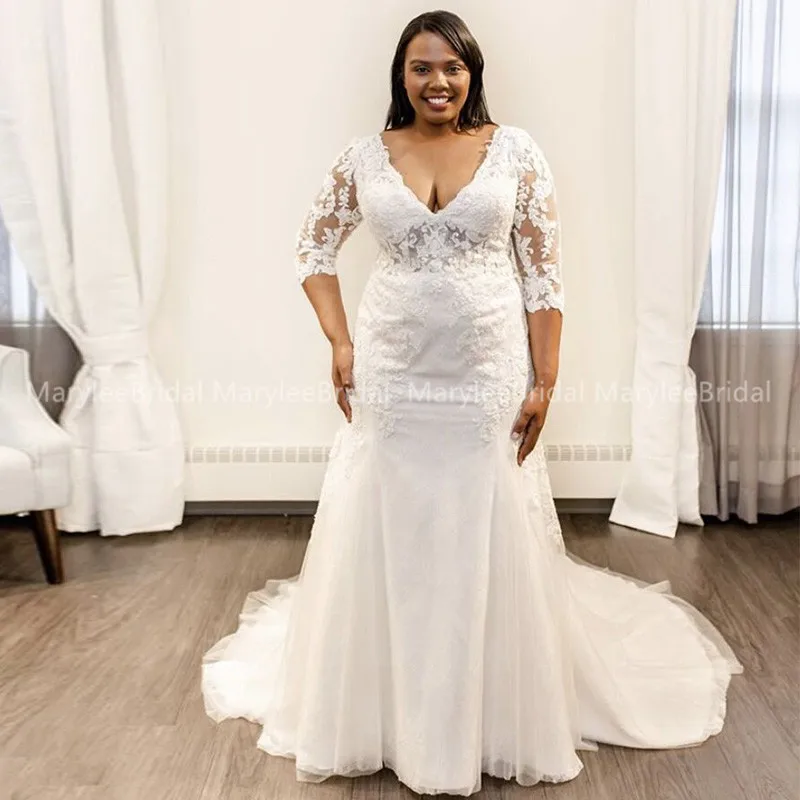 Женское свадебное платье с юбкой-годе Прозрачное полурукавами и V-образным