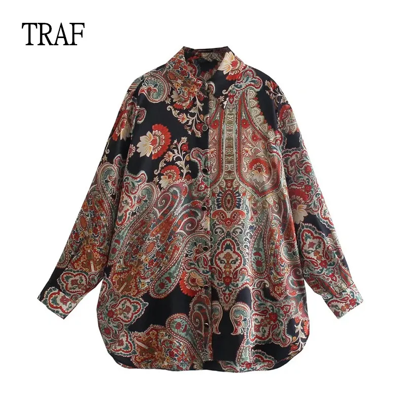 

TRAF 2021 Women Blouse Fashion Print Shirts Vintage Ladies Tops Femme Loose Long Sleeve Shirt Oversize Women Blusa Chic Top