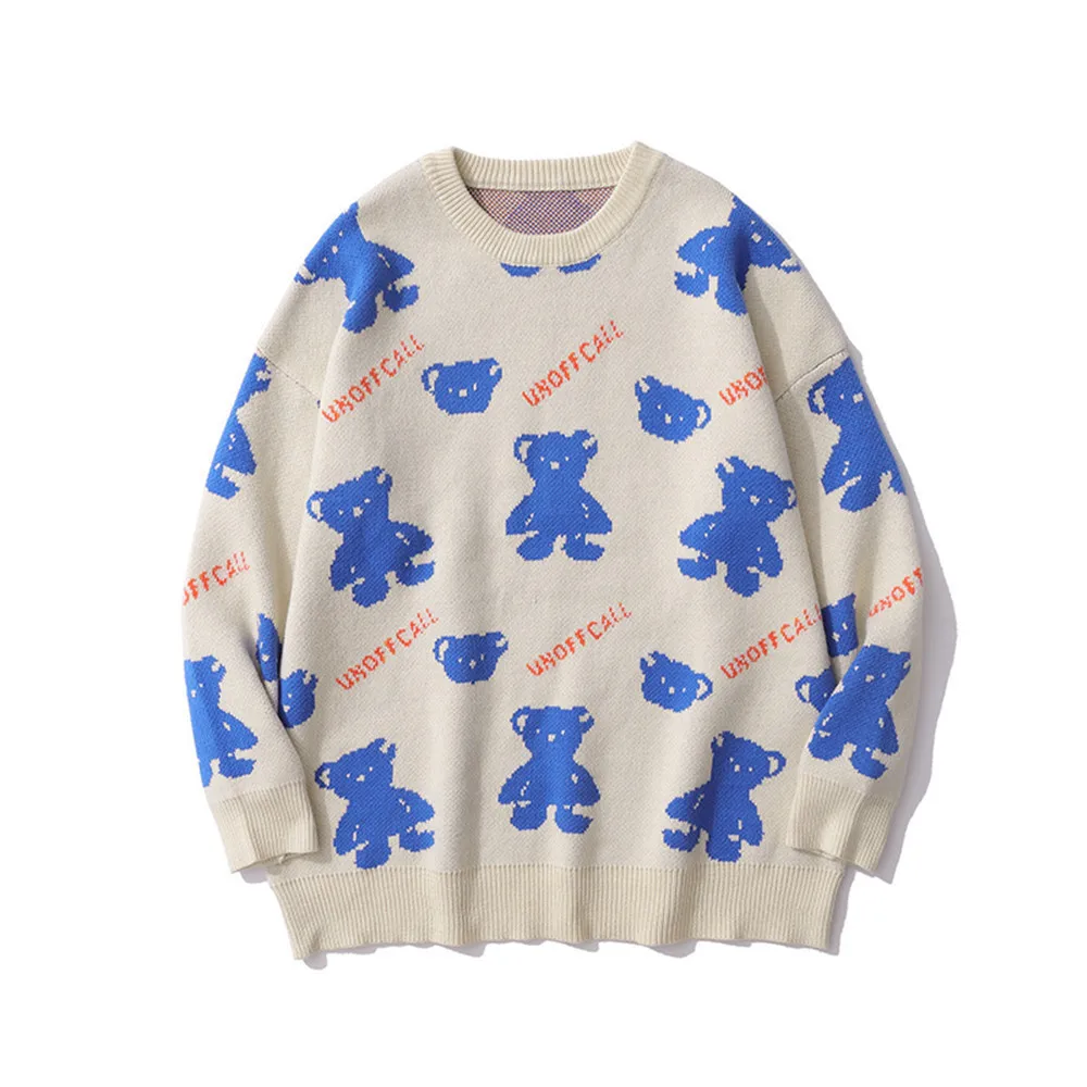 

Cartoon Bear Jacquard Sweater Men Hip Hop Fashion Loose Round Neck Long Sleeve Knitting Sweater Autumn Winter Trend Pullover Top