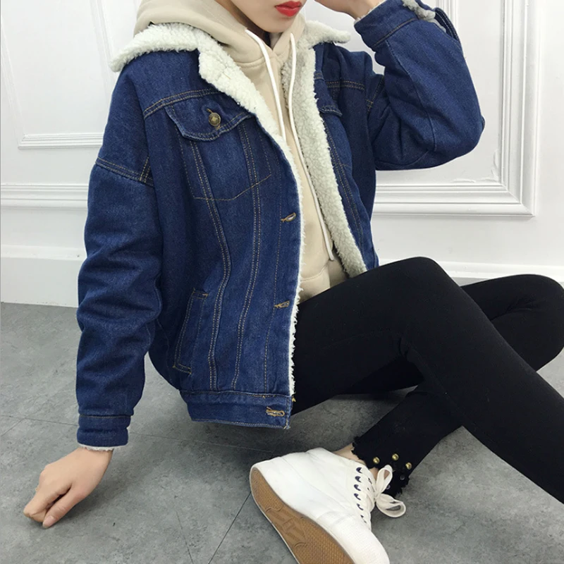 

Autumn Winter Female Denim Basic Jackets Lambswool Women Warm Jeans Coat Long Sleeves Jeans Coat Outwear Wide Denim Jacket