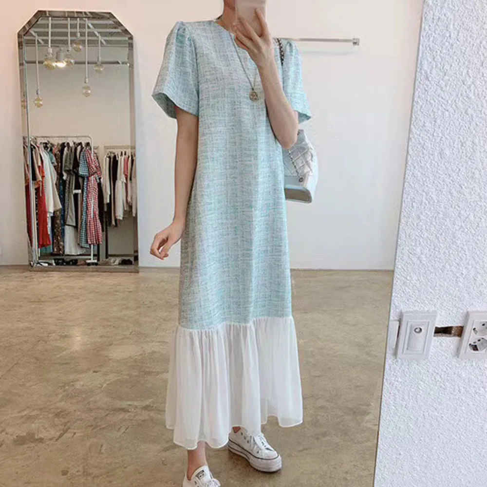

2021 Summer New Korean Fashion Splicing Thin Mid-length Color Contrast Women's Dress Loose Casual Round Neck Summer
