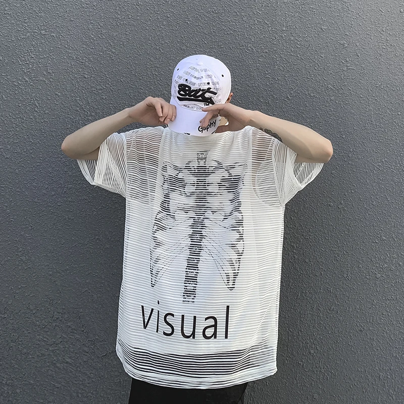 

Two Piece Mesh Skull Letter Print Summer Tshirts Mens Harajuku Short Sleeve Oversize Casual T Shirt O Neck Lose Cotton Tops Tee