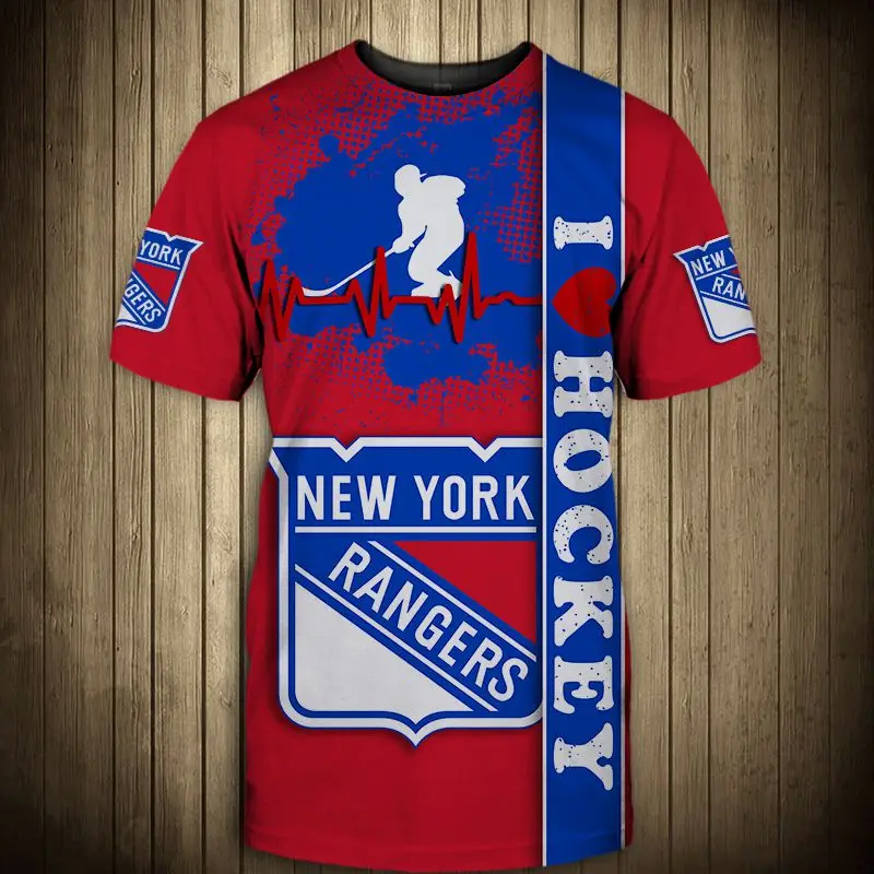 

Rally Racing T-Shirt Casual Tops New York Summer Men's Fashion Blue And White Stitching Stripes Cup Print Rangers T-shirts