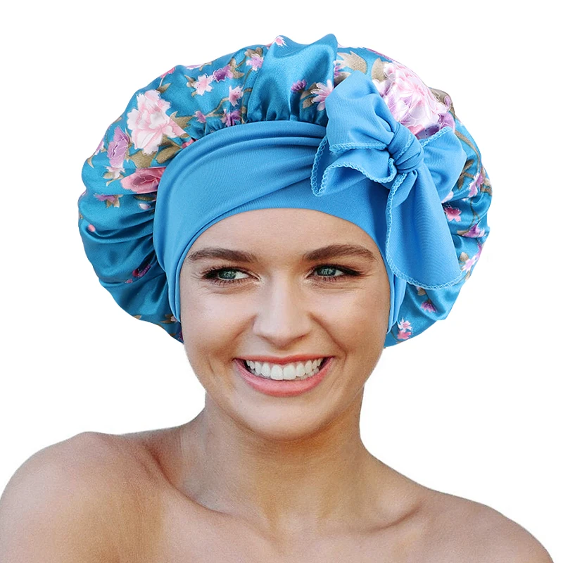 

New Flower Print Satin Bonnet Elastic Band With Binding Method Hat For Women Soft Headcover Night Sleep Hat Hair Care Cap