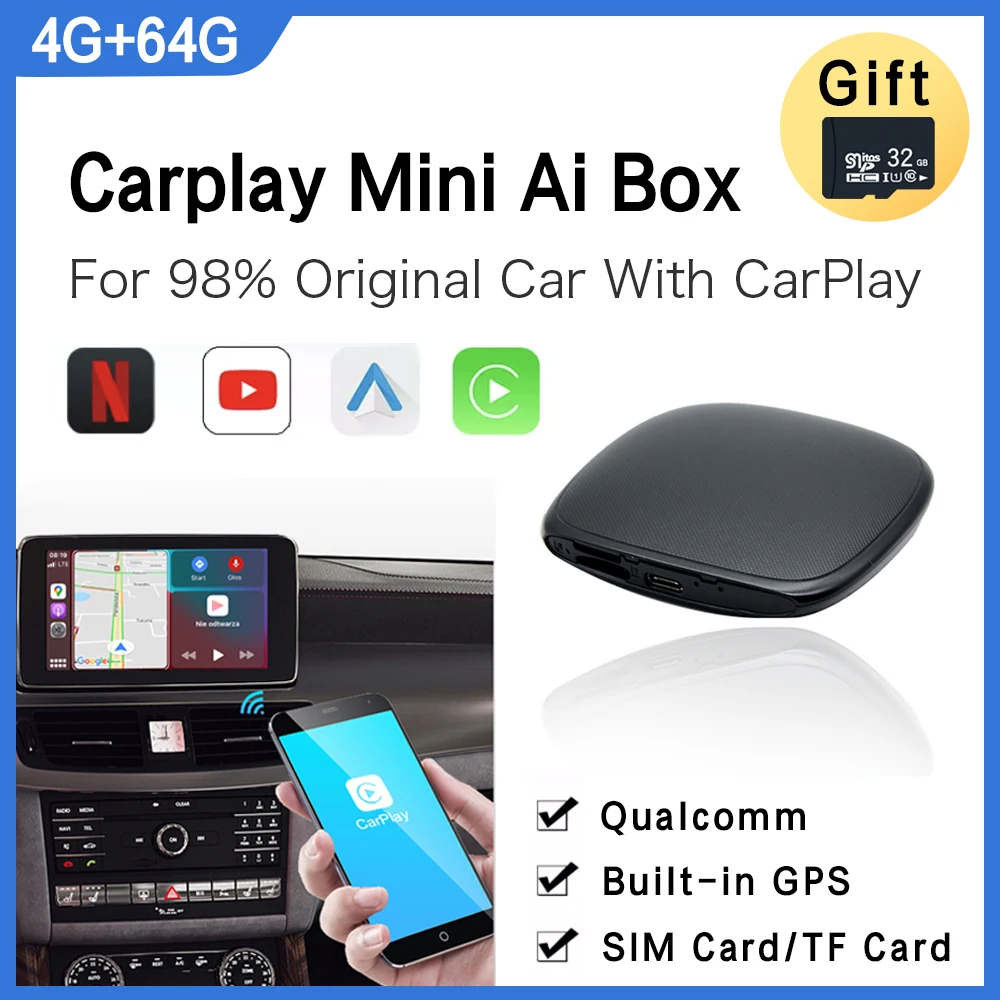 

Carplay Qualcomm 4 + 64 Гб подключи и работай, мини беспроводной Автомобильный мультимедийный аппликатор для Benz Volvo Ford Audi Mazda Kia Hyundai VW Toyota