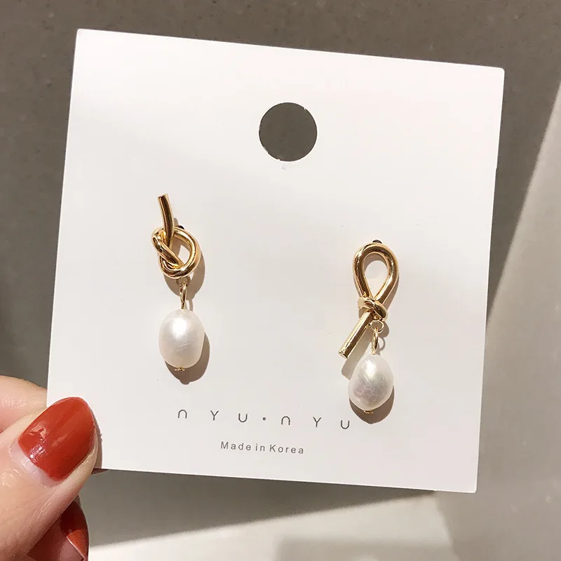 Женские асимметричные серьги с металлическим узлом подвески жемчугом ювелирные