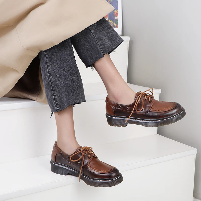 

Drestrive Women Pumps PU Leather Black Low Heels Lace Up Round Toe 2021 Spring Casual Shoes Big Size 43 Cross Tied