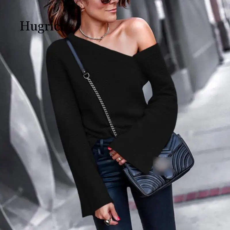 

Womens Off Shoulder Sweater Pullover Fashion Sexy Slim-Fit Trumpet Sleeve Round Neck Solid Color Knitted Jumper Ouc461