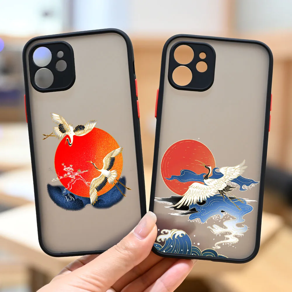 

NEW Luxury Flying Crane Retro Pattern Matte Phone Shockproof Case for Apple iPhone 12 13 11 Pro Max XS XR 6s 7 8 SE2 Shell Cover