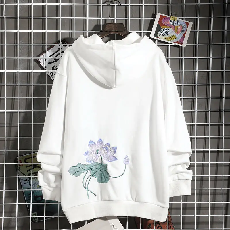 

Dropshipping Harajuku Embroidery Chinese Character Lotus Flowers Hoodies Sweatshirts Streetwear Hip Hop Casual Men Pullover Tops