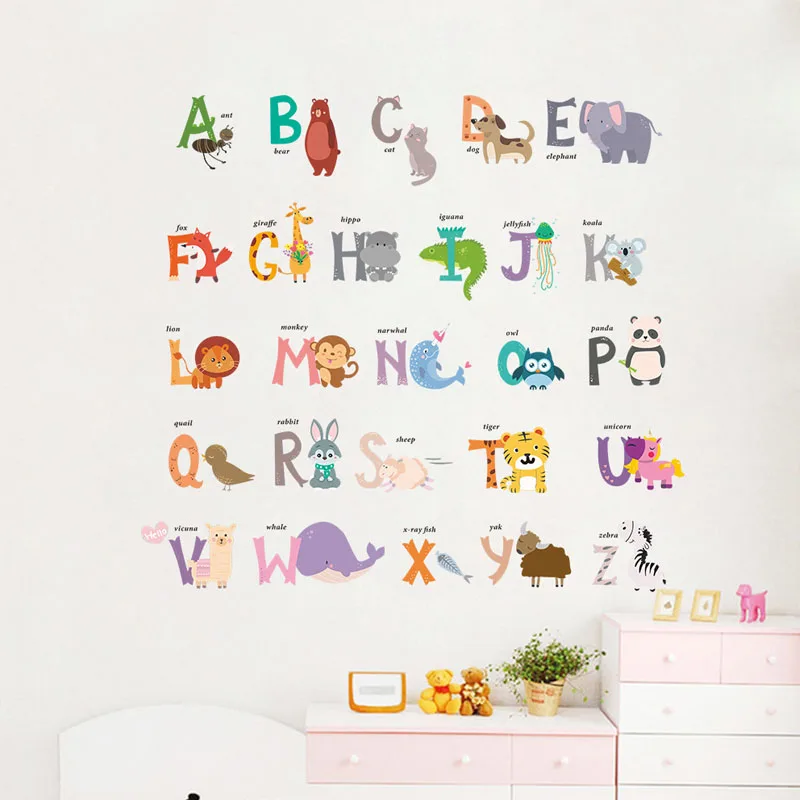 

2021 Early Education Baby Wall Stickers PVC Removable English Alphabet Animal Decal Art Stikers For Living Room Wall Decoration