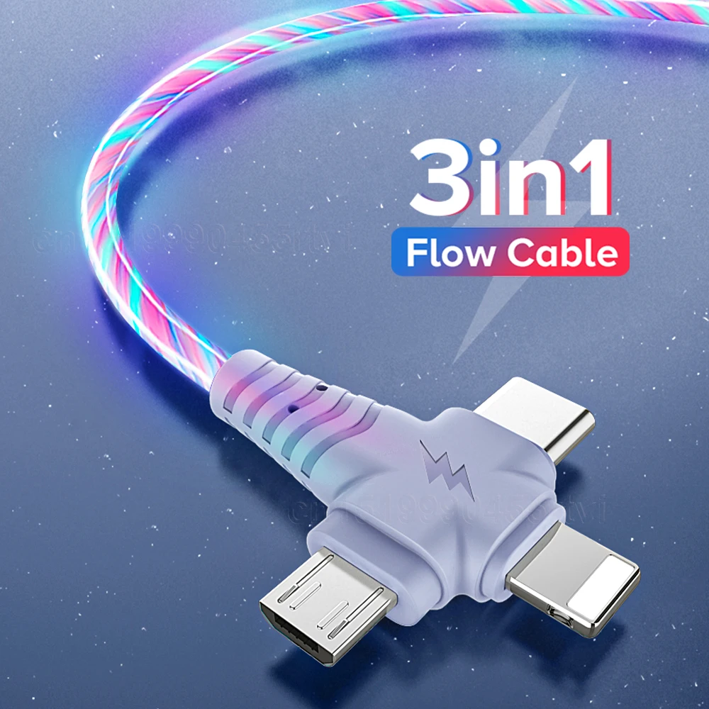 Светящийся USB-кабель 3 в 1 для iPhone 14 13 12 11 Pro 2 зарядное устройство с микро-USB Type-C 8-Pin