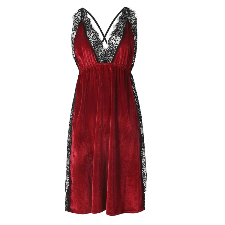 

Gold Velvet Pajamas Lace Stitching Autumn Winter Sexy Temptation Beauty Back Sling Nightdress Homewear Night Dress Women