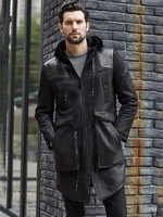 new mens shearling coat black leather jacket hooded fur overcoat long winter outwear warm wool parkas