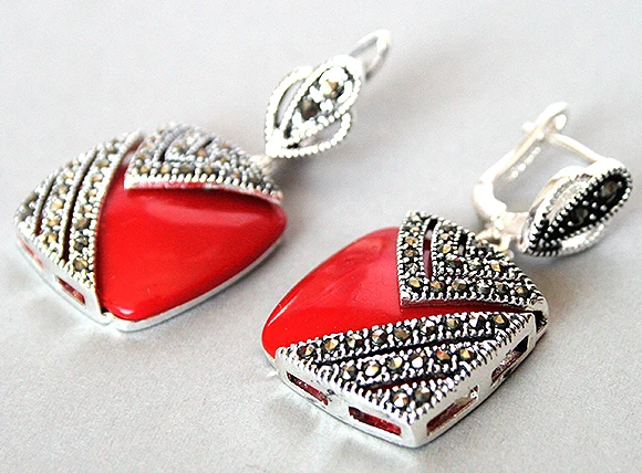 

charm 925 Silver Hook Red Coral Marcasite Square Earrings 1"