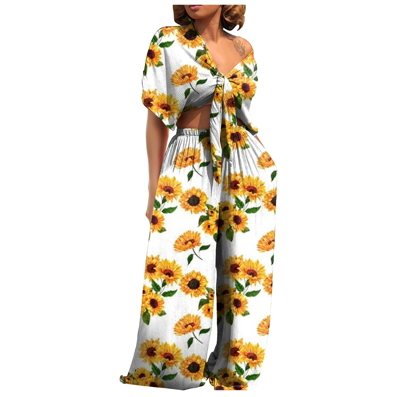 

Women Bandage Deep V-Neck Short Sleeve Printed Tops Broad Leg Pants Two Piece Sets Women's spring and summer clothes Streetwear