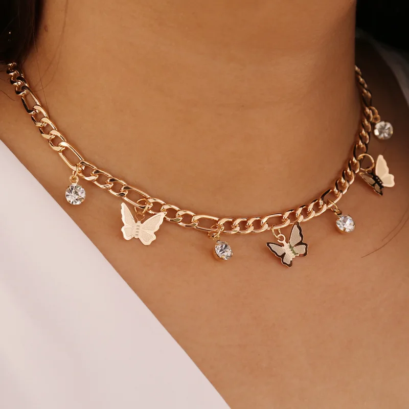 

Fashion Golden Diamond Necklaces Womens Alloy Double Butterfly Contracted Pendant Necklaces Jewelry for Girls
