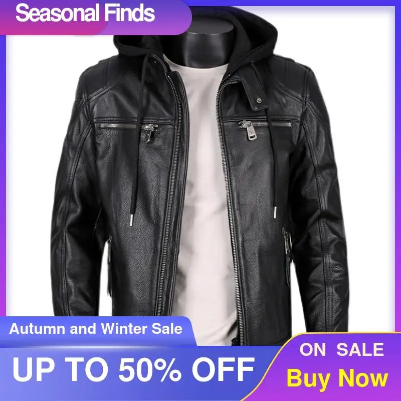 

2021 Black Hood Genuine Leather Jacket Men Motorcycle Style Plus Size 5XL Real Natural Cowhide Autumn Slim Fit Biker's Coat