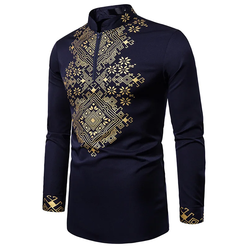 Мужская Тонкая рубашка с принтом повседневная Облегающая длинными рукавами