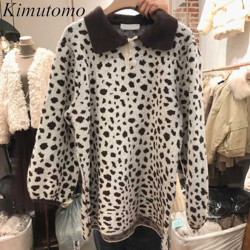 

Kimutomo, шикарный милый свитер для женщин, Новинка осени 2021, корейский винтажный трикотажный топ с отложным воротником и двумя пуговицами и лео...