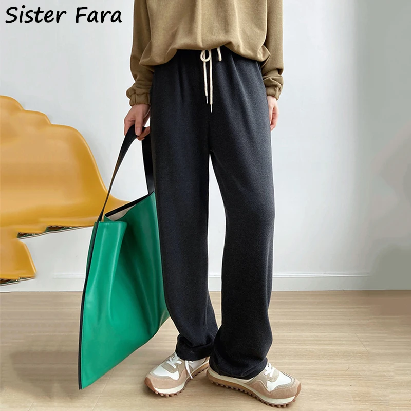 

Sister Fara Autumn Winter Villus Wide Leg Pants Women's Elastic Waist Drawstring Jogging Straight Pants Female Casual Sweatpants