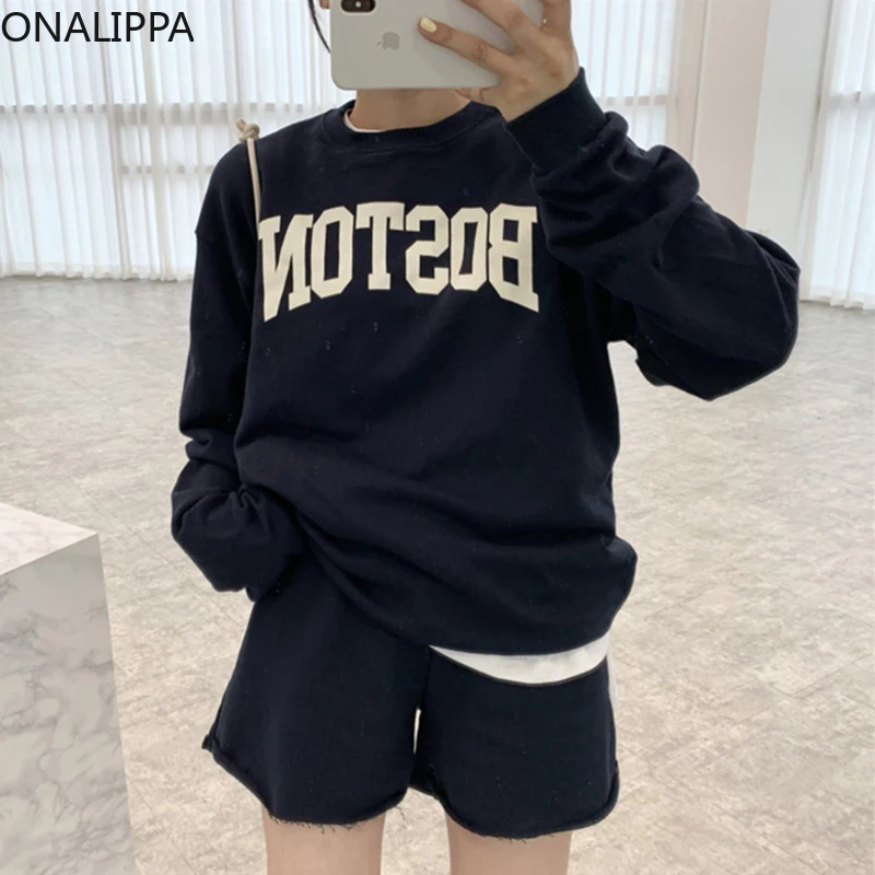 

Onalippa 2021 Autumn Women Age Reduction Retro Round Neck Letter Printing Long-Sleeved Sweater High-Waisted Shorts Sports Suit