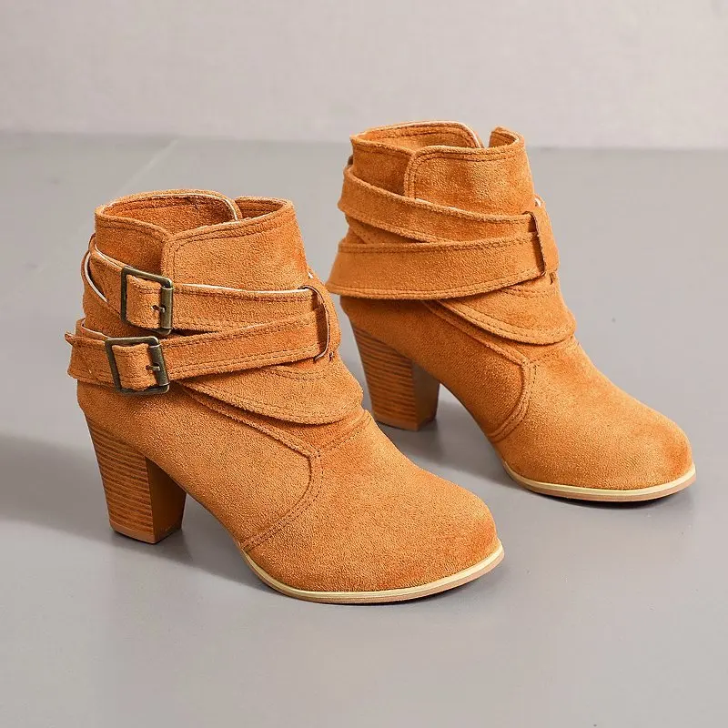 

2021Europe Style Vintage Women High Heels Ankle Boots Buckle Rubber Casual Ladies Shoes Martin Boots Female Chelsea Boots35-43
