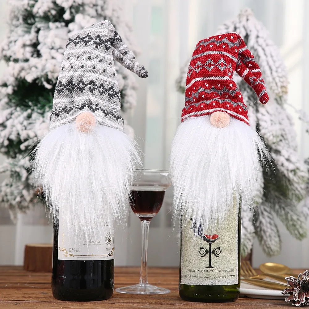 

Knitted Hat Christmas Forest Old Man Wine Bottle Cap Decoration Faceless Doll Wine Bottle Cover Decoration Christmas Decorations