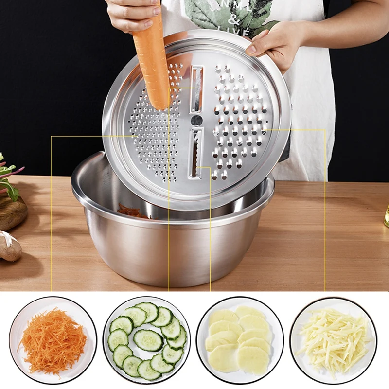 

Multifunctional Stainless Steel Basin -Drain Basket Vegetable with Cutter - 3 in 1 Kitchen Multipurpose Julienne Grater