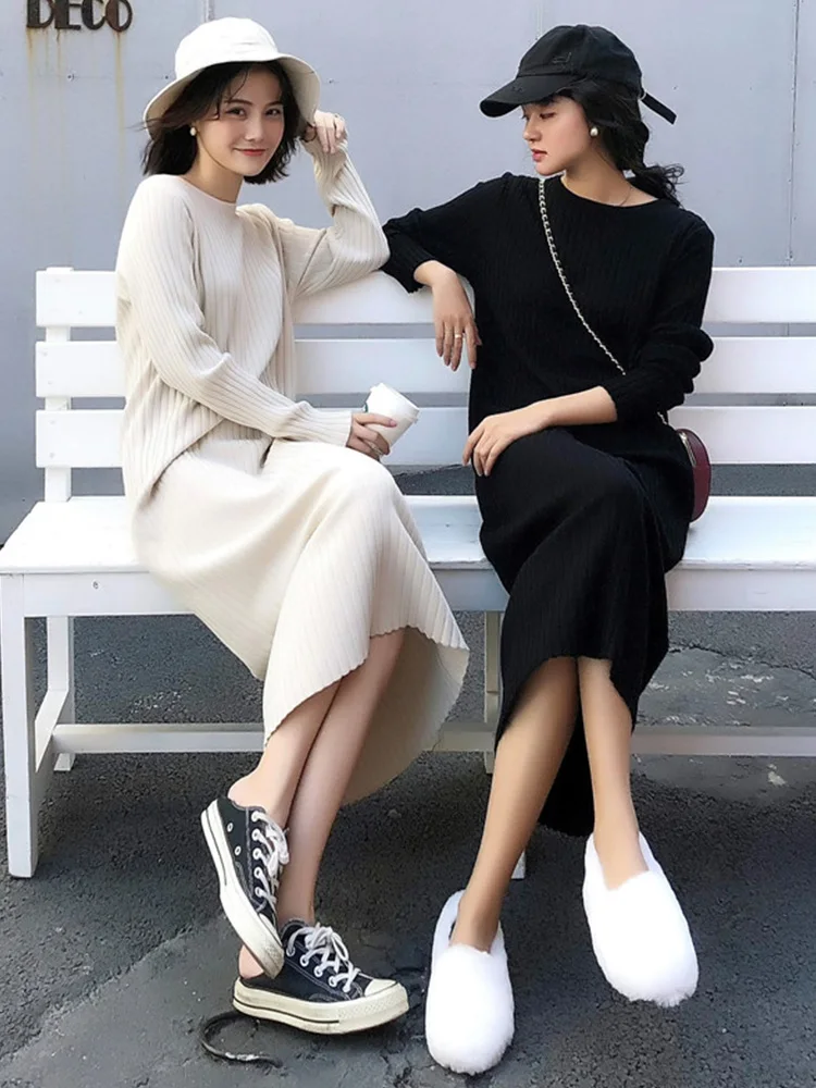 Женское вязаное платье с круглым вырезом повседневное однотонное Свободное