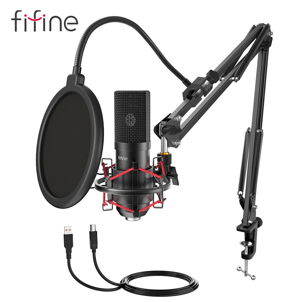 FIFINE USB Gaming Microphone Set with Flexible Arm Stand Pop Filter Plug&Play with PC Laptop Computer Streaming Podcast Mic T732