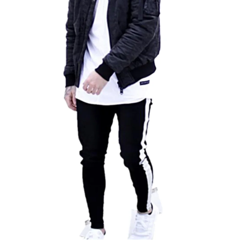 Мужские джинсы в полоску сбоку черные уличные брюки спортивная одежда стиле