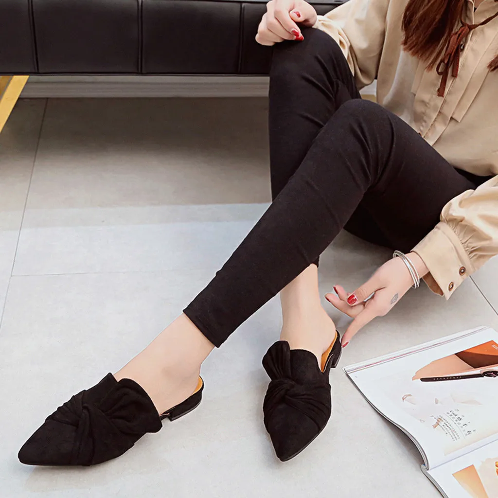 Туфли женские без каблука флоковые шлепанцы заостренный носок бант низкий